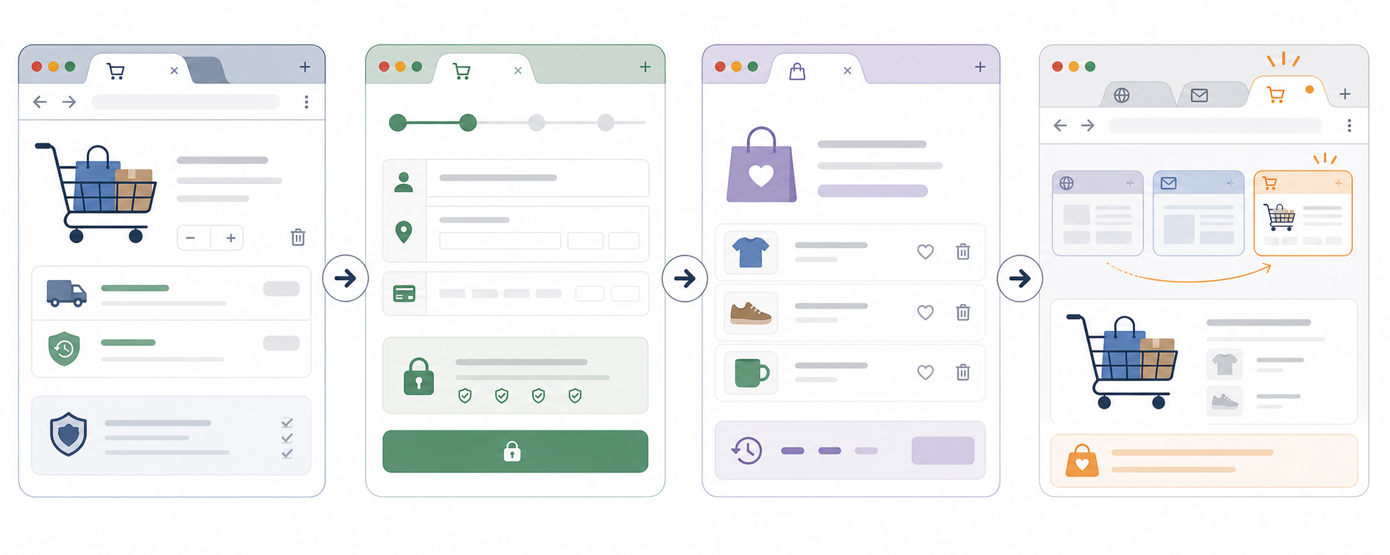 Browser-style flow showing cart clarity, checkout trust cues, saved cart state, and an inactive-tab reminder as connected recovery steps.