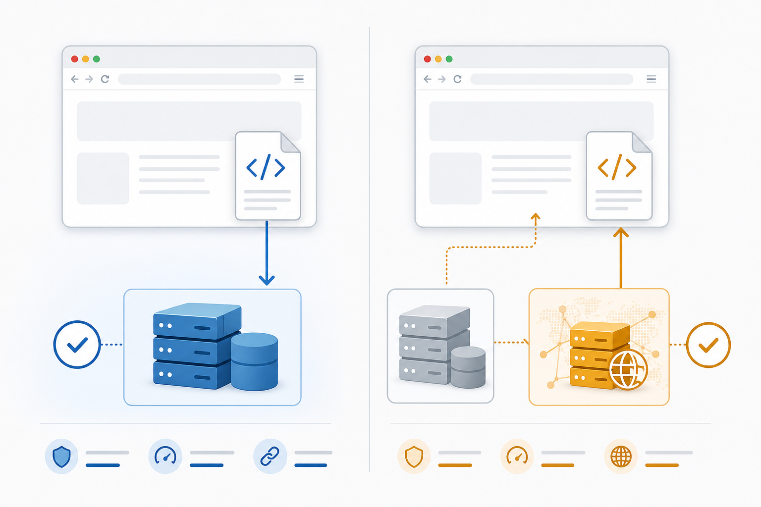 Side-by-side diagram showing a website serving one self-contained script directly versus loading a script from an outside CDN before it runs in the browser.