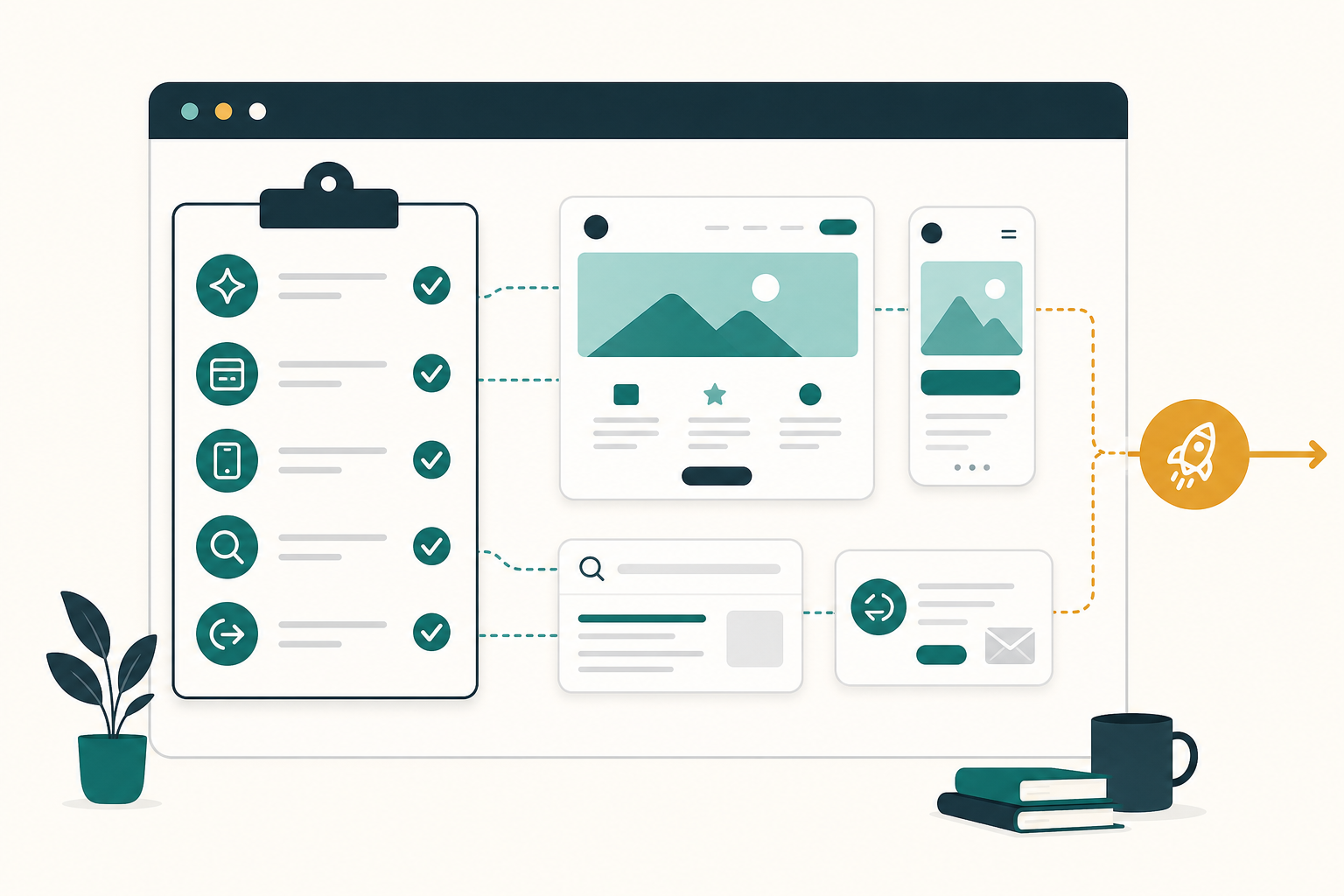 Illustration of a website launch checklist board connected to homepage, mobile, search, and return-visitor cards before a traffic arrow.